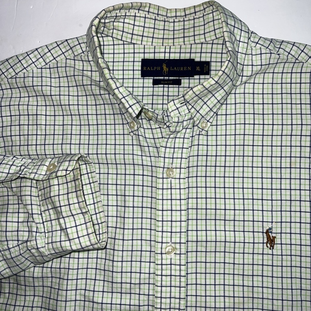 Ralph Lauren Men's Button Up Shirt Long Sleeve Green Blue Check Size XL Slim Fit